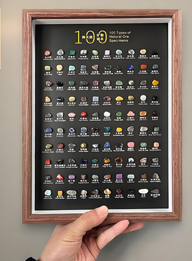 100种矿物标本天然矿石相框新年礼物地质矿物标本科普装饰画摆件