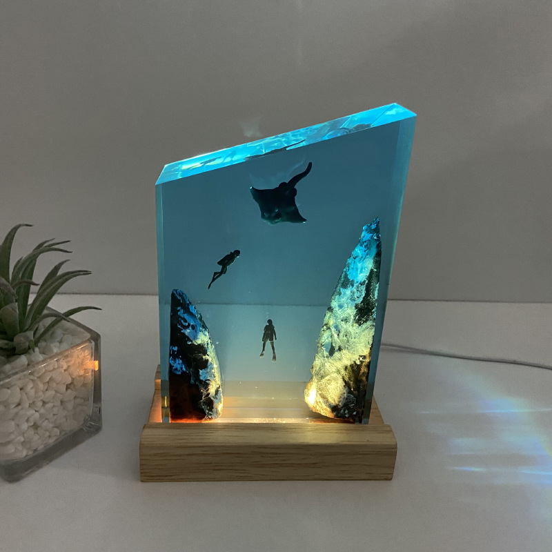 海底世界景观溶洞魔鬼鱼蝙蝠鱼潜水员小夜灯床头灯氛围灯摆件礼物