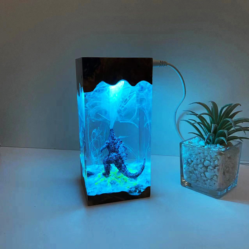 实木树脂海底世界巨兽哥斯拉喷电原子吐息小夜灯床头灯氛围灯摆件