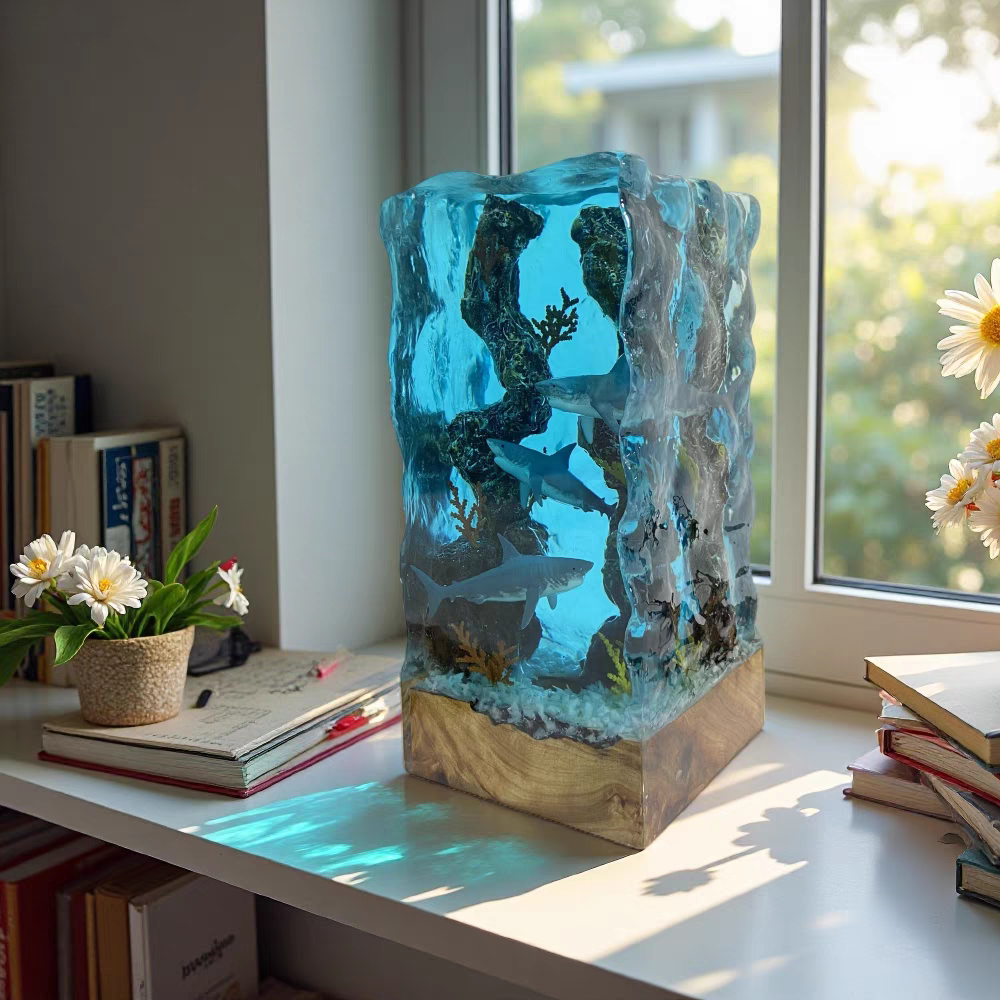 海底世界景观大白鲨鱼树桩深海探险小夜灯床头灯氛围灯摆件礼物