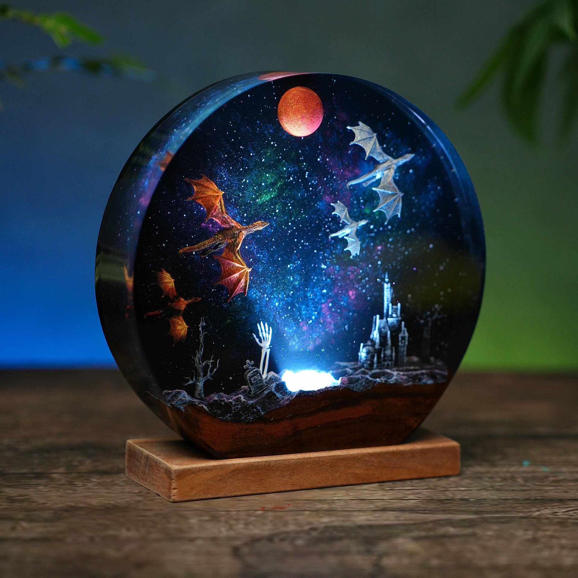 星空繁星星球宇宙城堡飞龙翼龙喷火龙冰龙和火龙小夜灯床头灯摆件