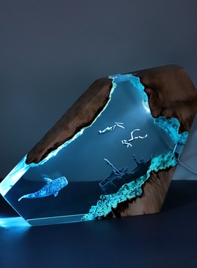 海底世界景观溶洞鲸鲨鱼沉船情侣潜水员小夜灯床头灯氛围灯摆件