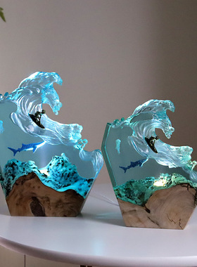 海底世界海浪造型冲浪男孩鲨鱼水母小夜灯床头灯氛围灯摆件礼物