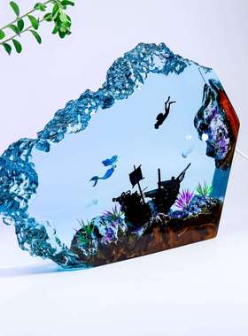 海底世界景观溶洞珊瑚礁美人鱼潜水员沉船小夜灯床头灯氛围灯摆件