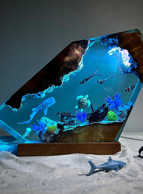 手作海底世界景观鲸鲨潜水员海龟沉船树脂实木小夜灯氛围灯摆件