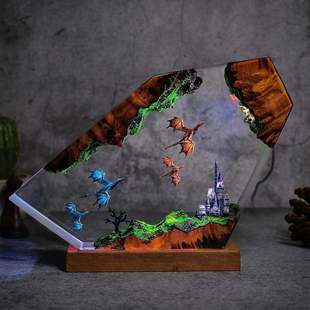 实木树脂飞龙翼龙喷火龙冰龙飞过城堡小夜灯床头灯氛围灯摆件礼物