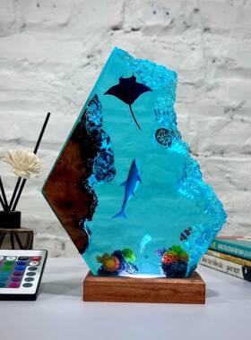 手作海底世界魔鬼鱼鲨鱼海龟树脂小夜灯氛围灯深蓝色大海装饰礼物
