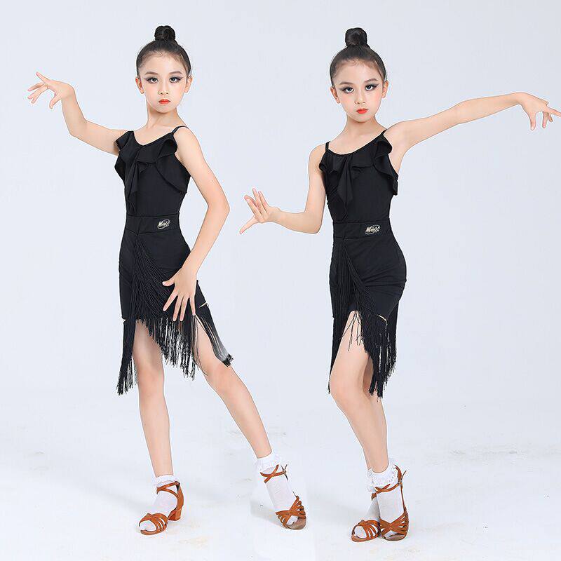儿童拉丁舞服女童流苏黑色夏季