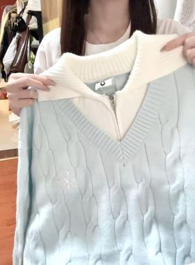 蓝色假两件翻领麻花毛衣女秋冬宽松慵懒风加厚时尚外穿针织衫上衣