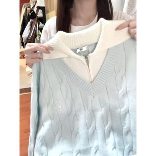 蓝色假两件翻领麻花毛衣女秋冬宽松慵懒风加厚时尚 上衣 外穿针织衫