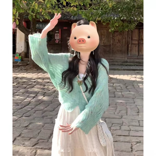 新款 女2026早春季 慵懒风短针织外套 毛衣开衫 小香风绿色镂空薄款
