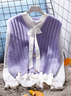 黄色针织背心女马甲宽松外穿2022新款春秋女士坎肩百搭毛衣外套潮