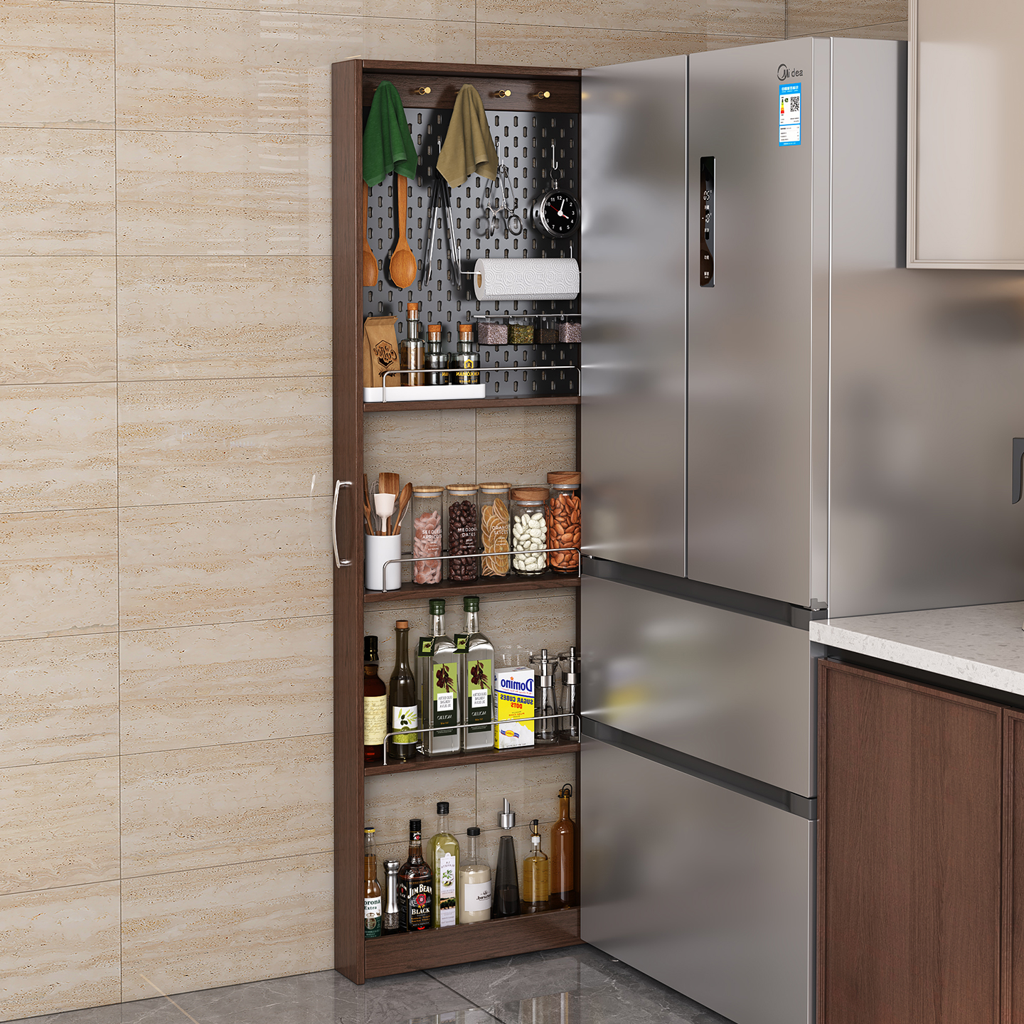 实木夹缝柜橱柜侧拉柜带洞洞板