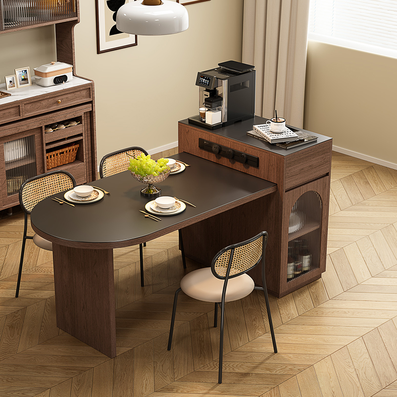 实木可伸缩岛台餐桌一体岩板台面