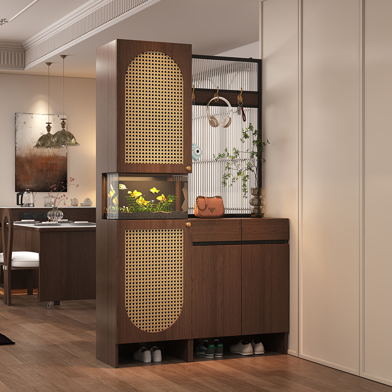 中古风入户玄关柜鱼缸一体鞋柜屏风隔断家用客厅藤编储物柜可定制