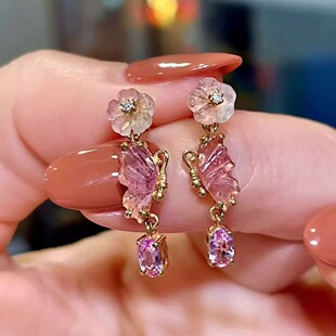 岚心珠宝18K黄金2ct雕刻碧玺花朵耳钉 0.42ct紫蓝宝石耳坠女耳环