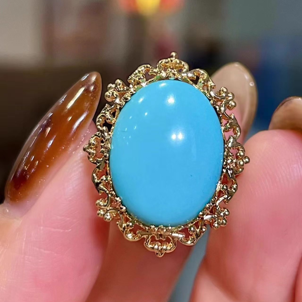 岚心珠宝18K黄金5.81ct高瓷睡美人蓝松石戒指环 古典百搭女手指圈