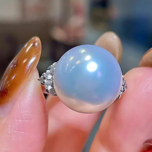 岚心珠宝PT900铂金13.8mm南洋白珠戒指圈 珍珠钻石手环 大气百搭