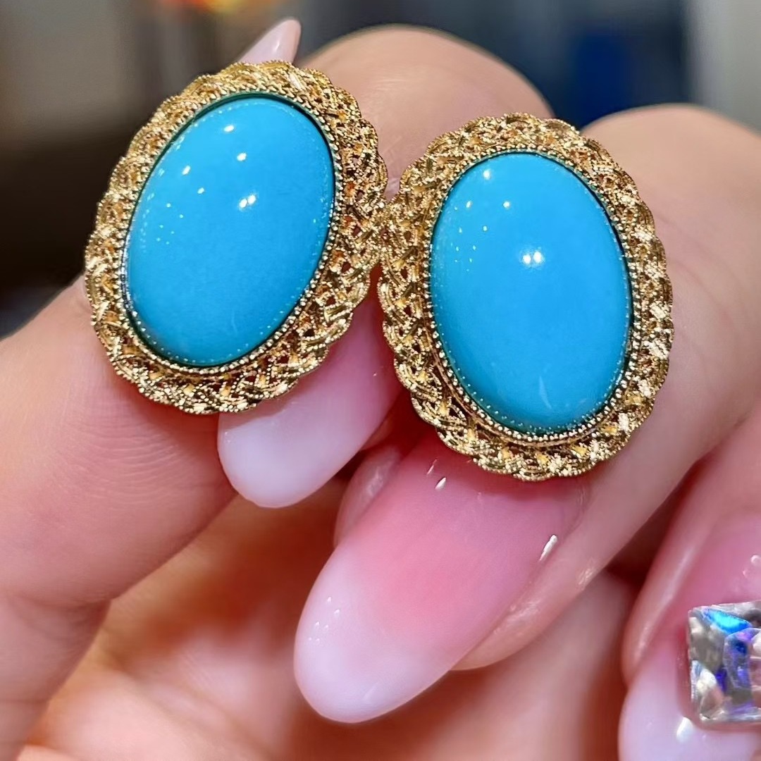 岚心珠宝18K黄金8.86ct睡美人蓝松石耳钉 扎克里 麻花编织女耳针