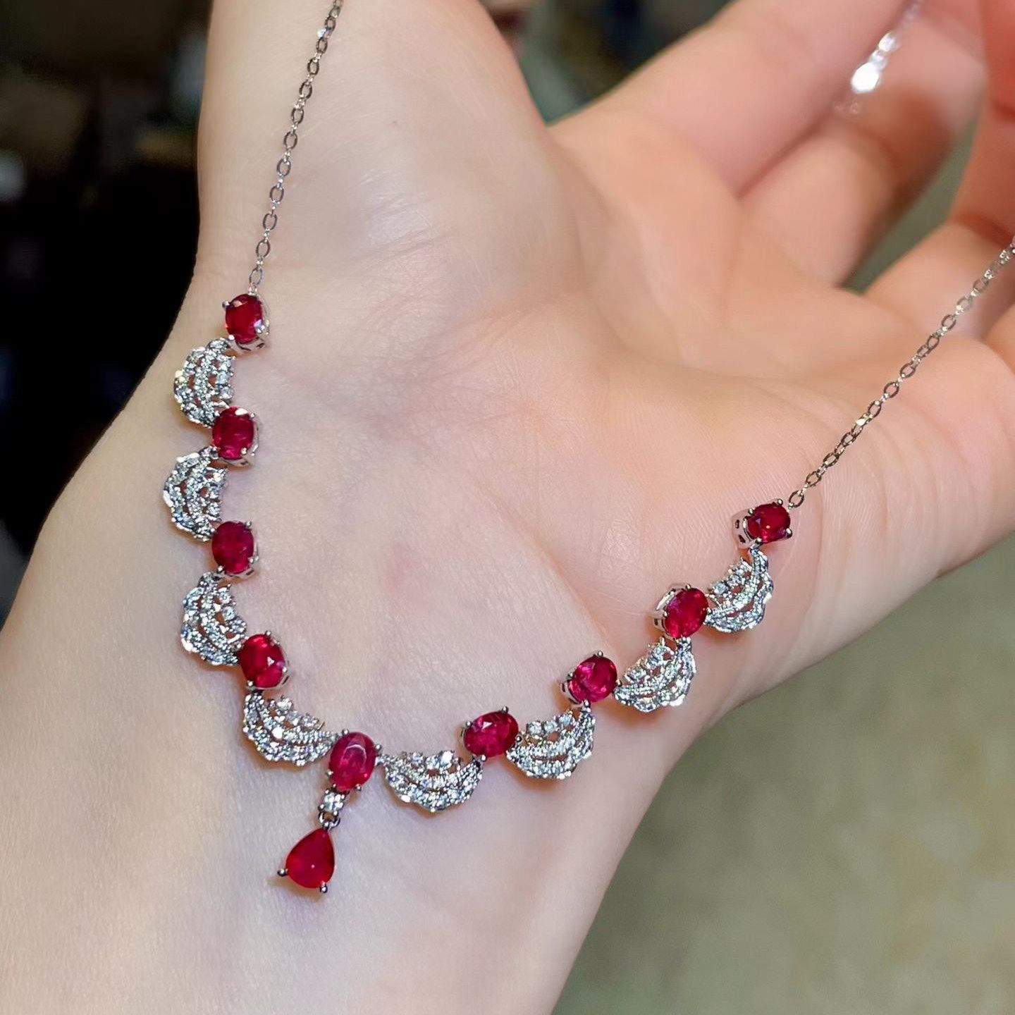 岚心珠宝PT950铂金3.26ct天然红宝石钻石项链条 鸽子血色古典链子