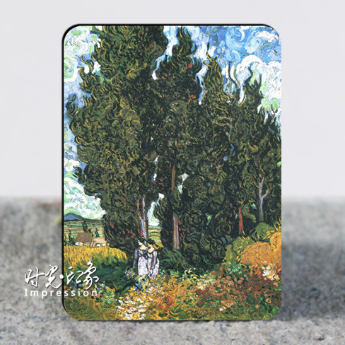 世界名画梵高油画 柏树与两个人 冰箱贴 创意个性订制磁贴磁铁
