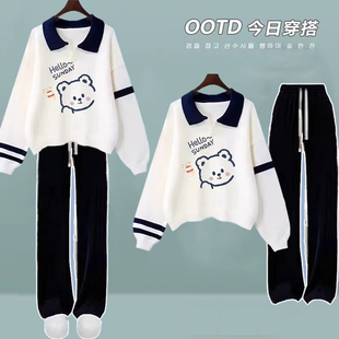 2025秋冬季 两件套 中大童10 17岁少女洋气宽松Polo领卫衣加绒套装