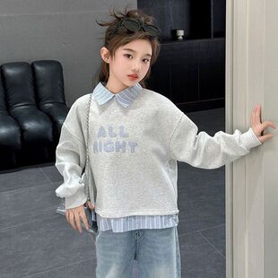 女童卫衣春秋装2026新款儿童加绒假两件打底衫学生女孩休闲上衣潮