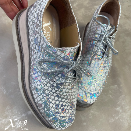 YANGDASHU高级感幻彩牛皮英伦厚底松糕鞋子女士7厘米坡跟休闲鞋女