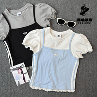 阿迪达斯adidas三叶草花边下摆泡泡袖半袖2026春女短袖T恤 KY3299
