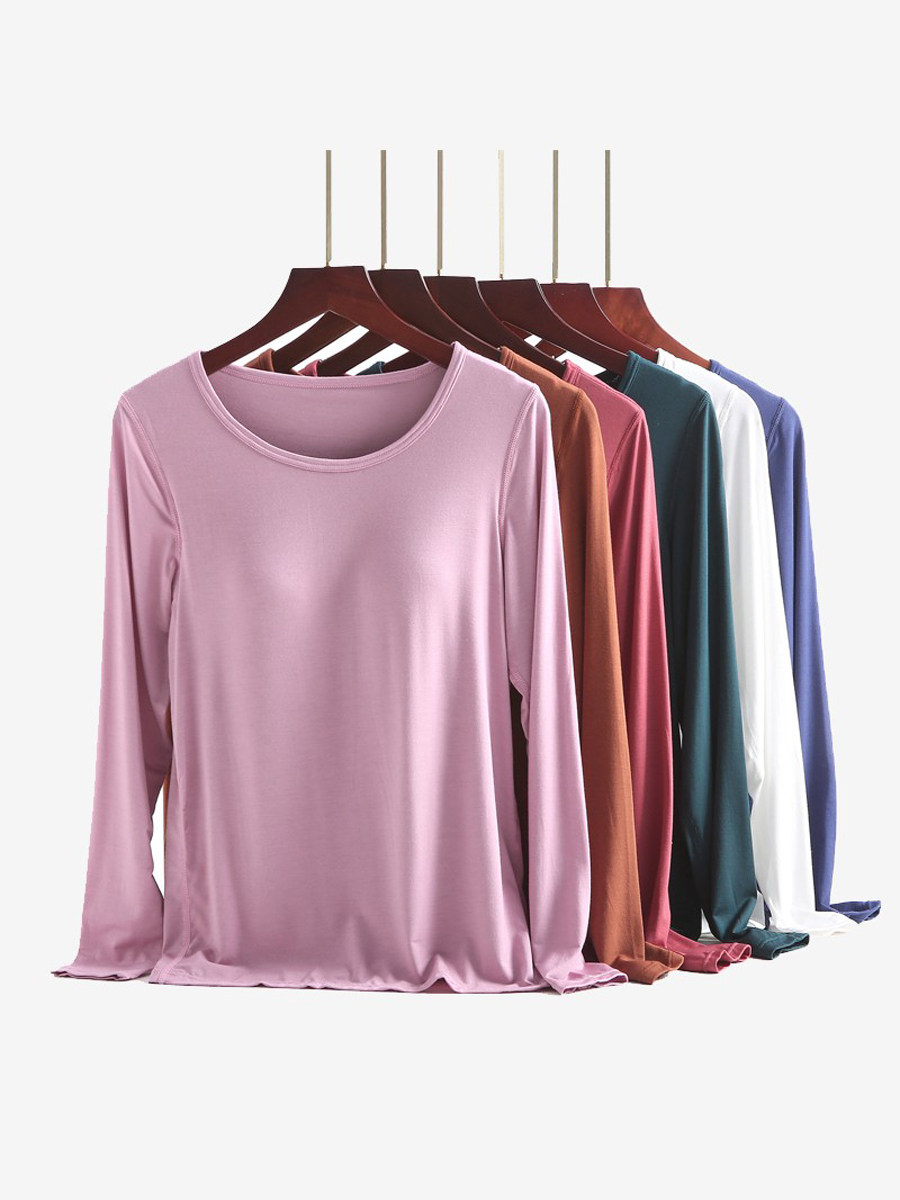 MODAL CHEST PAD LONG SLEEVE T-SHIRT WOMENS LOUNGEWEAR TOP STRAP BRA FALL BASE LAYER ROUND NECK PLUS SIZE PAJAMAS