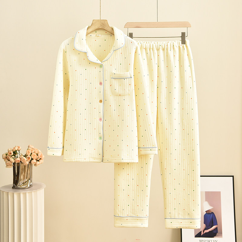 秋冬季空气棉睡衣女士彩色圆点加厚三层保暖夹棉长袖长裤家居套装