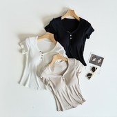 新款 短袖 t恤女带胸垫美式 2025夏季 复古针织辣妹显瘦修身 打底上衣