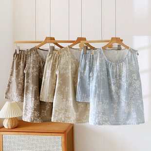 双层棉纱家居服背心短裤 睡衣女夏薄款 纯棉宽松无袖 大码 可外穿 套装