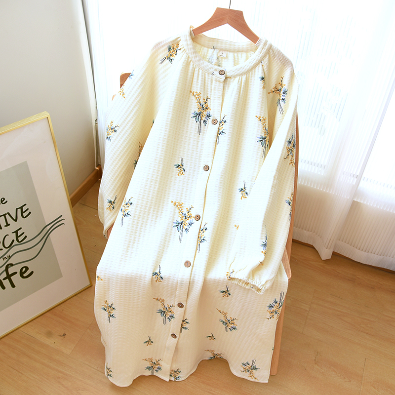 纯棉纱布夏秋季长袖长裙睡衣睡裙