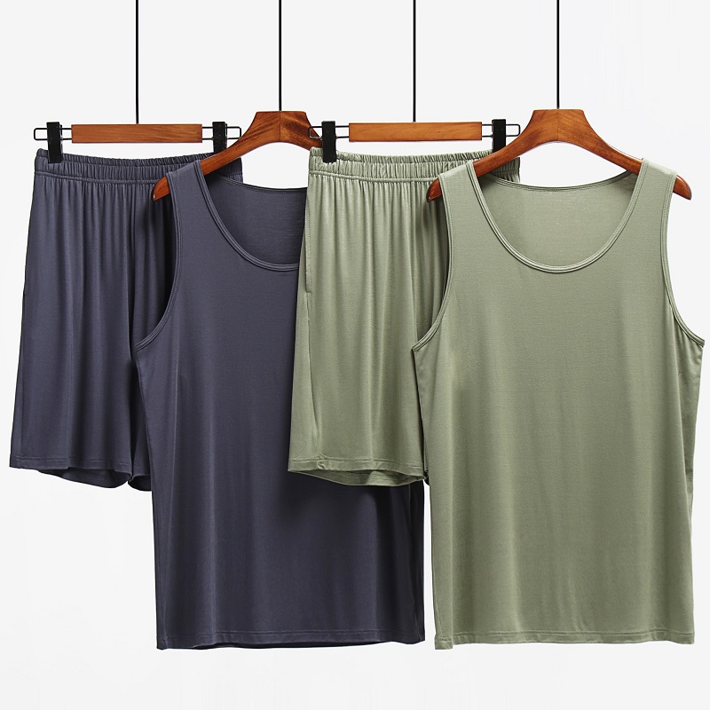 男士睡衣夏季莫代尔背心无袖短裤家居服男式夏天薄款冰丝套装外穿