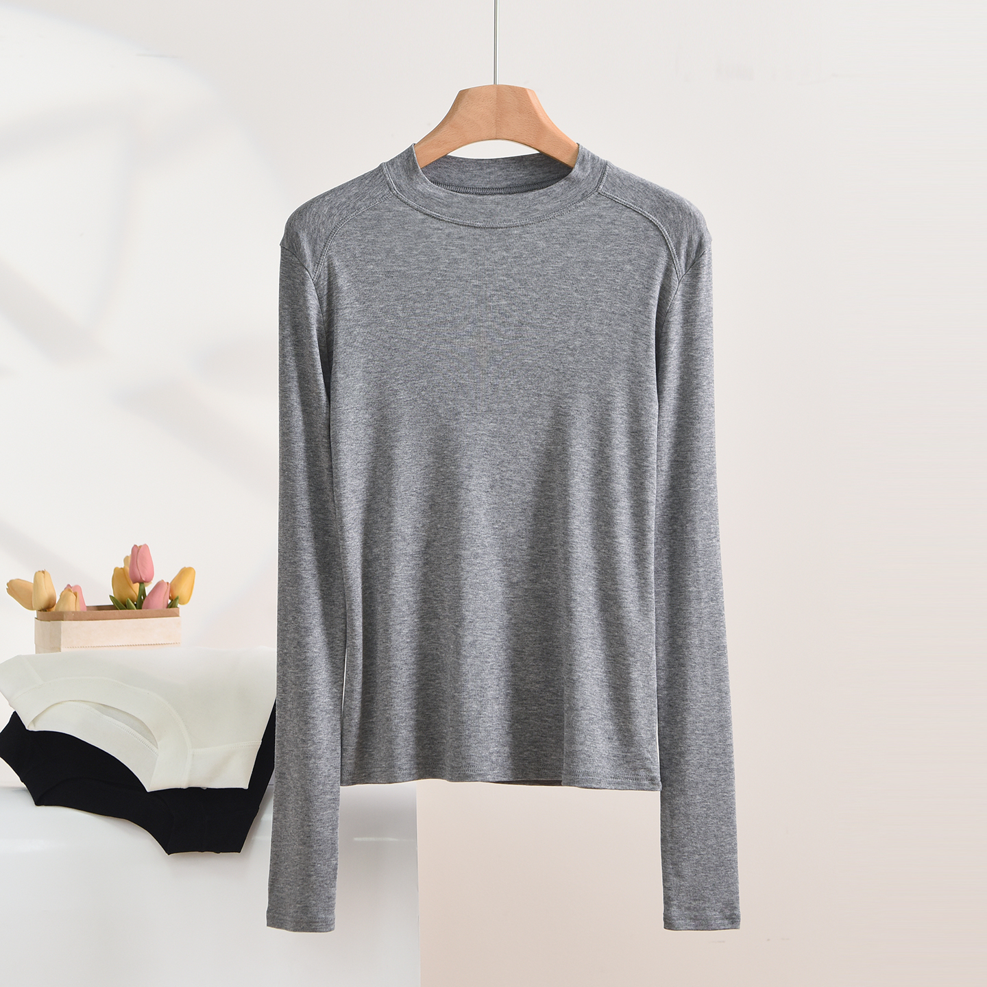 天丝莱赛尔绵羊毛小立领打底衫女