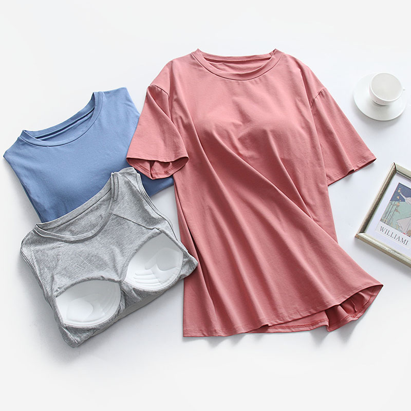 带胸垫纯棉宽松短袖上衣韩版加长