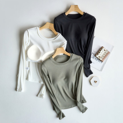 带胸垫打底衫女2025新款秋冬季白色圆领修身内搭外穿t恤长袖上衣