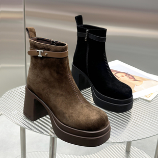 高跟粗跟9cm增高短靴女2025秋冬新款 侧拉链真皮气质显瘦马丁靴子