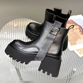 胎牛皮厚底英伦风2025秋冬新款 真皮飘带松糕时装 短靴复古马丁靴女