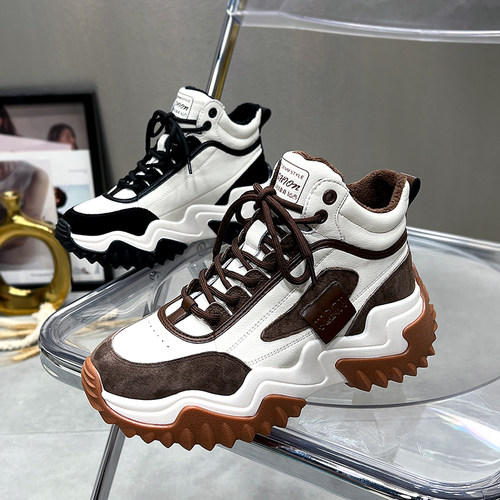 真皮老爹鞋高帮松糕厚底运动鞋女