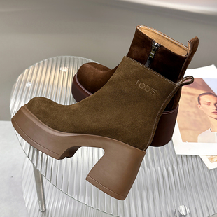 欧货9cm粗跟翻毛皮短靴女2025秋冬新款 增高小个子真皮高跟马丁靴