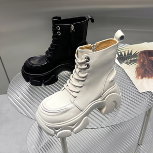 欧洲站2025秋冬新款 真皮侧拉链大头靴英伦风坡跟厚底增高马丁靴女