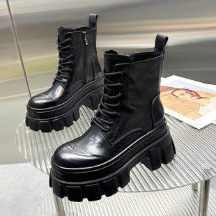 松糕厚底9cm系带短靴女2025秋冬新款 真皮小个子侧拉链增高马丁靴
