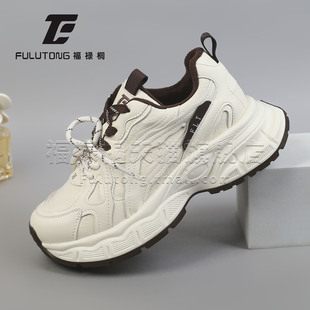 福禄桐厚底老爹鞋女秋冬季白色运动休闲鞋韩版潮加绒系带厚底鞋
