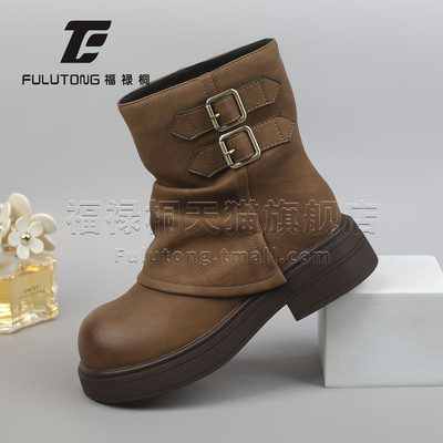 福禄桐英伦风双排皮带扣短靴女冬季新款厚底机车靴棕色女士马丁靴