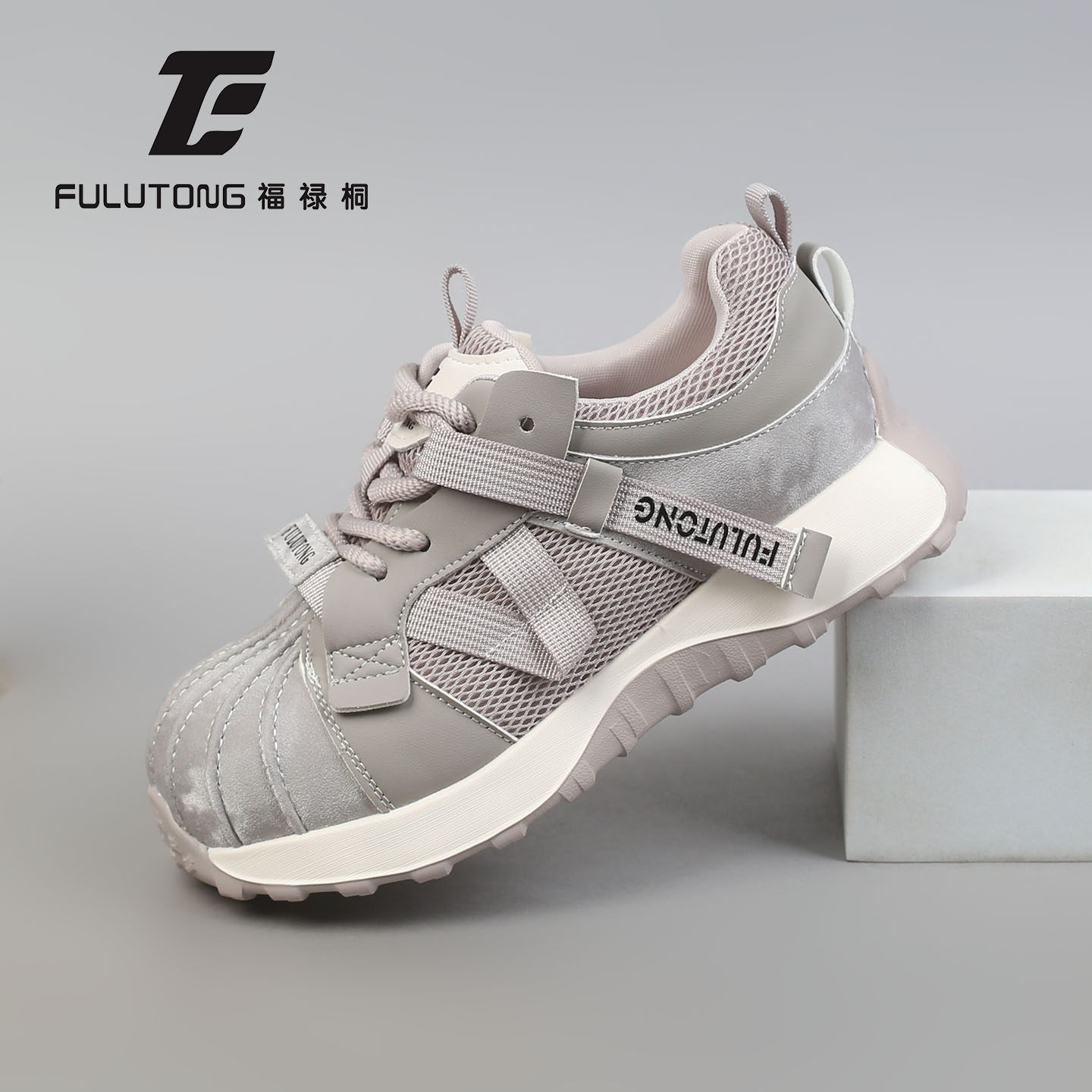福禄桐厚底老爹鞋女春季新款低帮系带透气网布拼接绑带运动休闲鞋