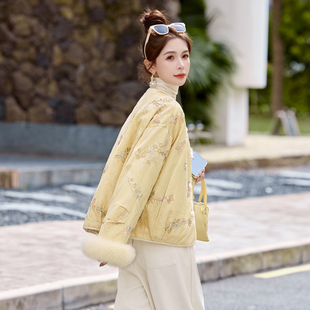 新中式国风提花羽绒服女2025冬季新款高级感90白鸭绒狐狸毛外套女