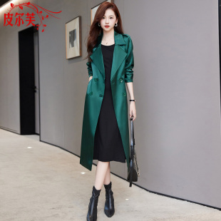 绿色中长款风衣女士春秋季新款垂感过膝外套气质英伦风长大衣