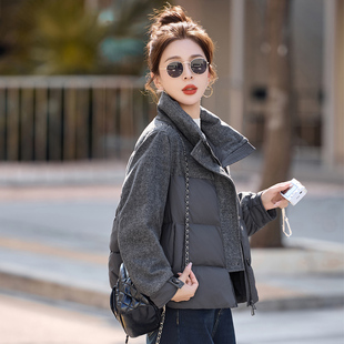 灰色毛呢拼接90白鸭绒短外套2025冬装时尚新款加厚立领羽绒服外套
